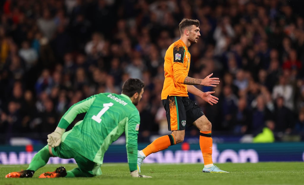 Troy Parrott reacts to a missed chance against Scotland. Photograph: Ryan Byrne/Inpho