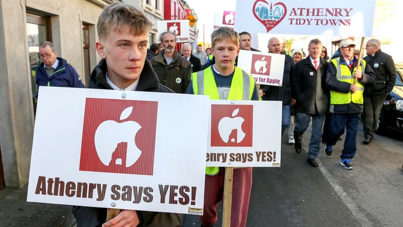 Some of the 2,000 people who marched in Athenry on Sunday in support of Apple’s data centre project. Photograph: Joe O’Shaughnessy