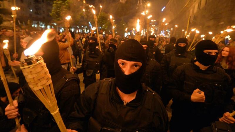 Ultranationalists march towards Independence Square in April . Photograph: Sergei Supinsky/AFP/Getty