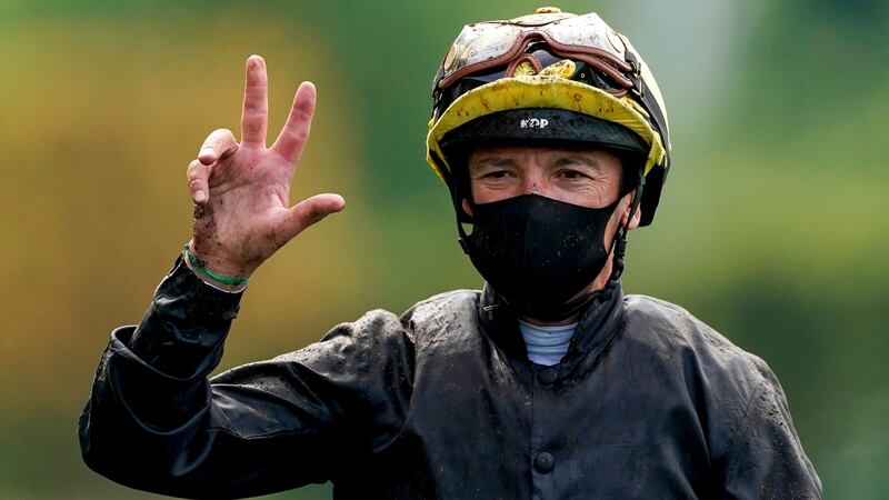 Frankie Dettori celebrates after Stradivarius completed an Ascot Gold Cup hat-trick. Photograph: Alan Crowhurst/Getty