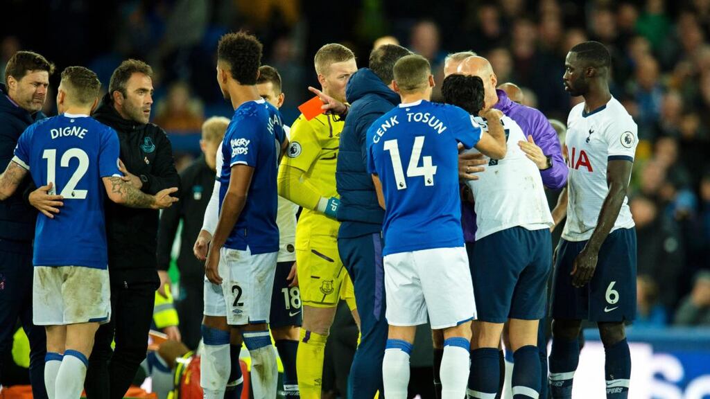 Tottenham Hotspur’s Son Heung-min is sent off after after his tackle injures Everton’s Andre Gomes. Photograph: PA