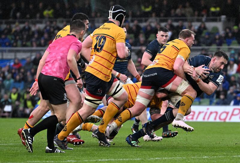 Jack Conan makes a break during Leinster's win over Ulster. Photograph: Charles McQuillan/Getty Images