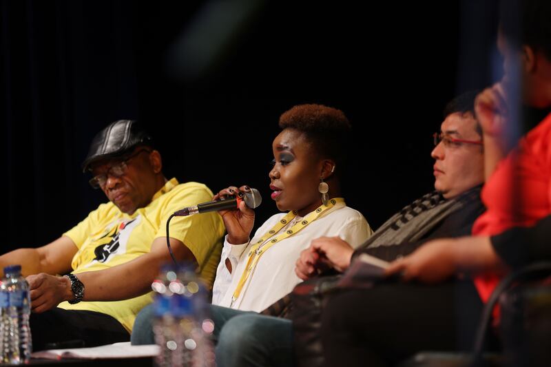 Ola Mustapha, centre, speaking at the Movement of Asylum Seekers in Ireland MASI Conference 2019, Towards a More Humane Asylum Process, at Liberty Hall. Photograph: Alan Betson