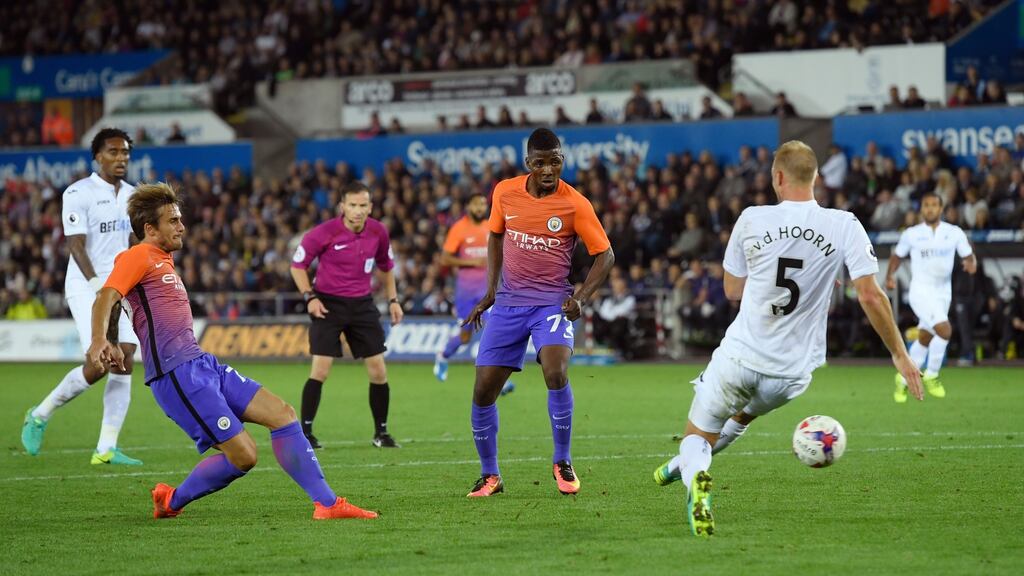 Aleix Garcia scores Manchester City’s second goal in the EFL Cup match against Swansea City at the Liberty Stadium. Photograph: Stu Forster/Getty Images