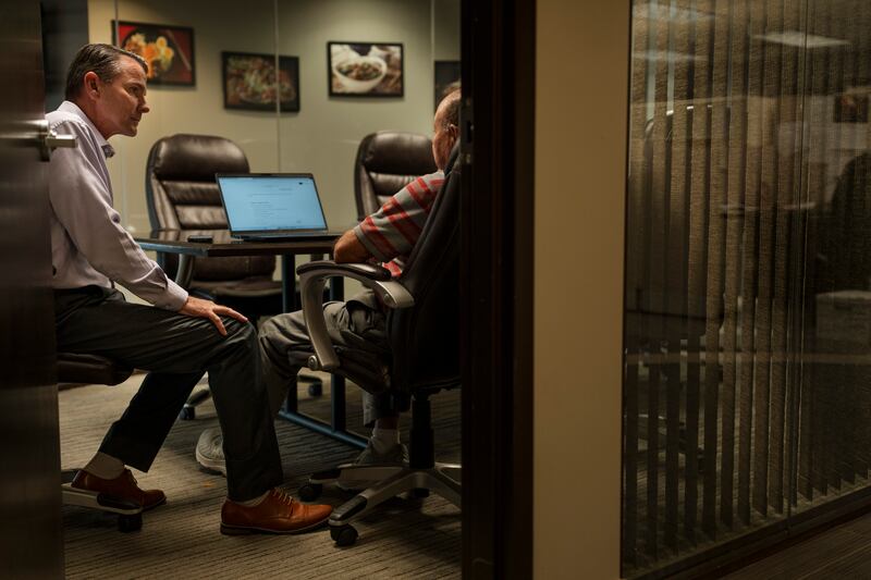 Chad Hartmann, president of Glenn Valley Foods, with Alfredo Moreno, his new HR director. Photograph: Erin Schaff/ New York Times