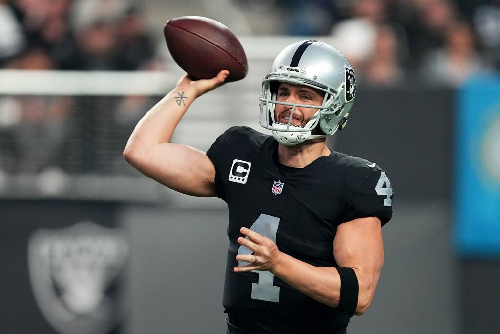 Derek Carr of the Las Vegas Raiders during the second half of a game against the New England Patriots at Allegiant Stadium on December 18th, 2022 in Las Vegas, Nevada. Photograph: Chris Unger/Getty