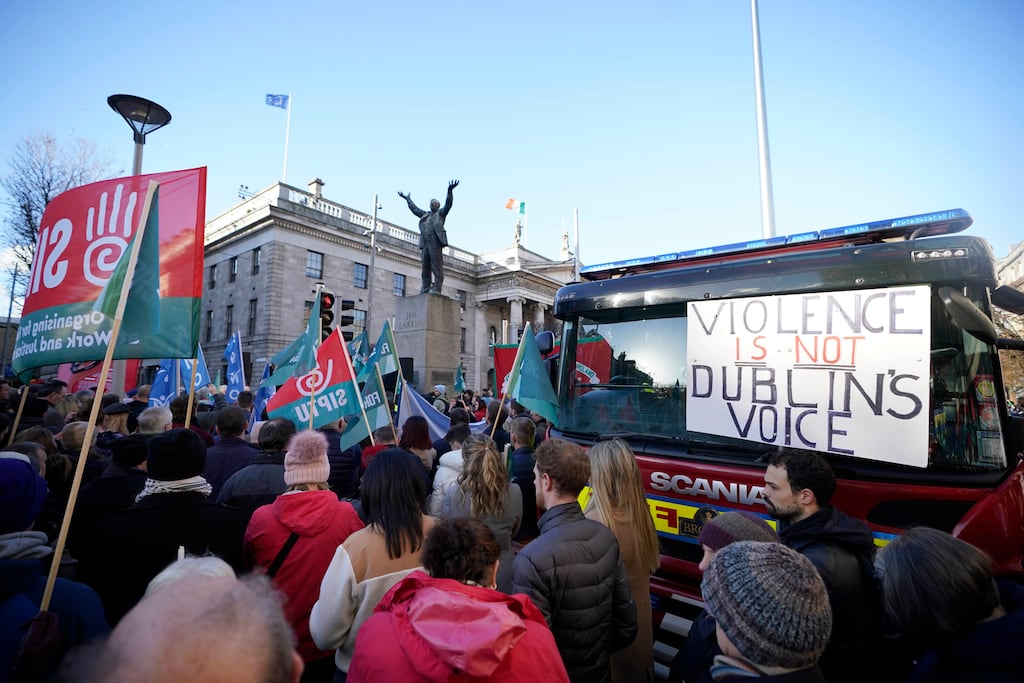 Trade unionists and demonstrators gather on O'Connell Street in Dublin to protest about the violence after rioting in the capital which followed a stabbing attack in late November. Photograph: Niall Carson/PA Wire