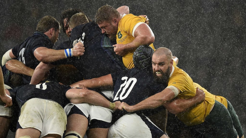 Australia players push in a maul against Scotland at Twickenham. Photograph: Getty Images