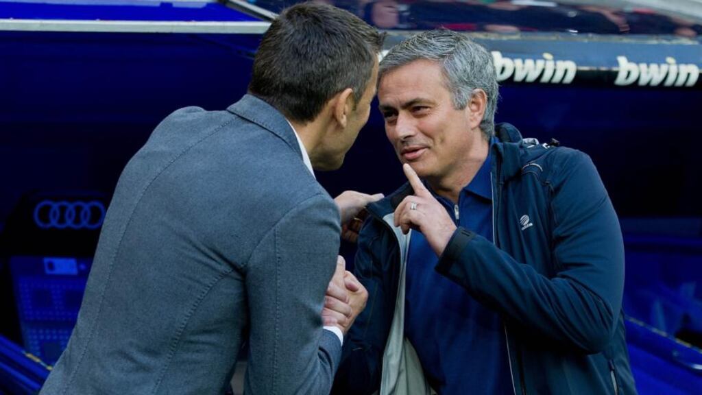 Real Madrid coach Jose Mourinho (right) greets Miroslav Djukic of Real Valladolid CF last week. Photograph: Gonzalo Arroyo Moreno/Getty Images