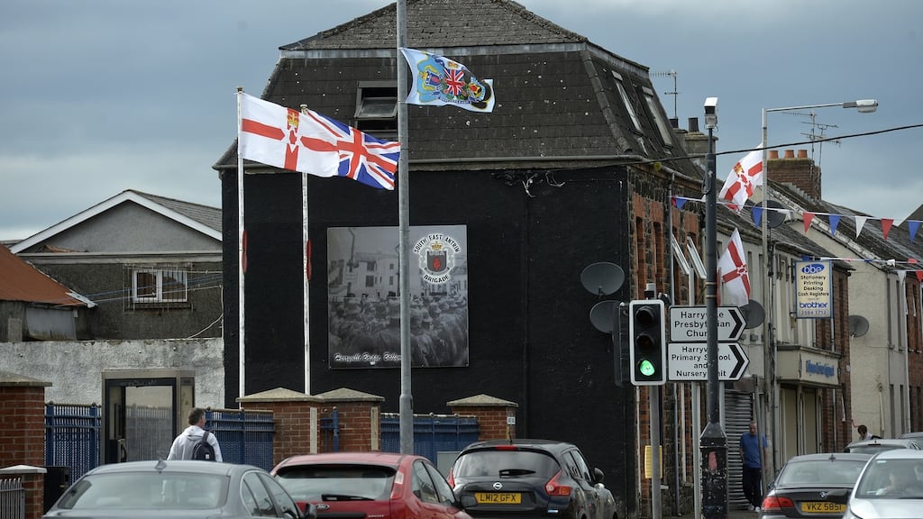 Flags flying on the streets of Ballymena. Photograph: Press Eye