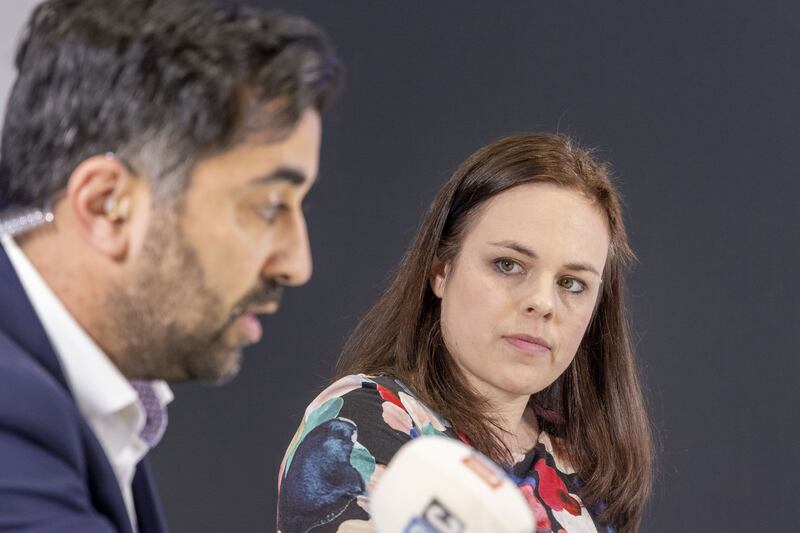 SNP leader Humza Yousaf, who is stepping down, and possible successor Kate Forbes. Photograph: Robert Perry/PA