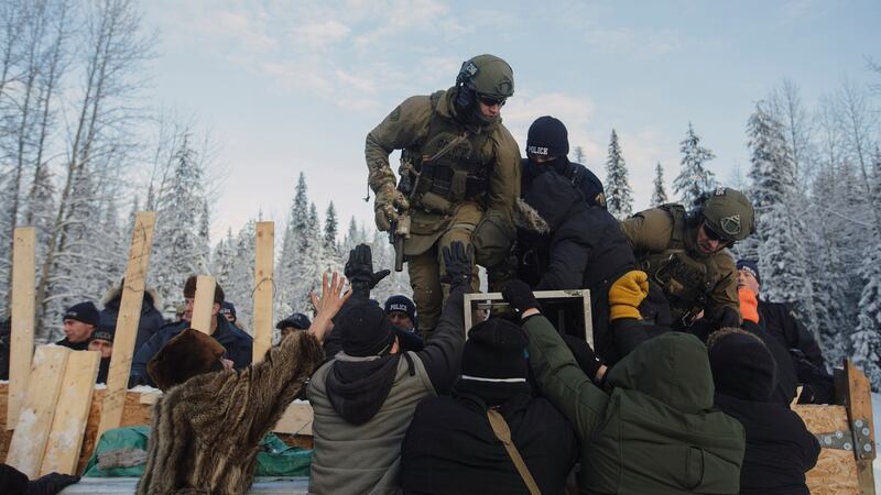 Heavily armed police at the Gitdumden blockade. Photograph: Amber Bracken/The New York Times