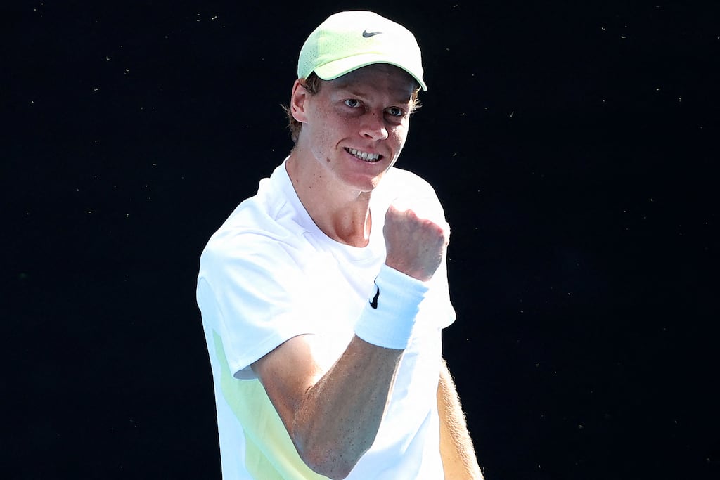Italy's Jannik Sinner celebrates match point against Denmark's Holger Rune after their fourth round singles match at the Australian Open in Melbourne. Photograph: Martin Keep/AFP via Getty Images
