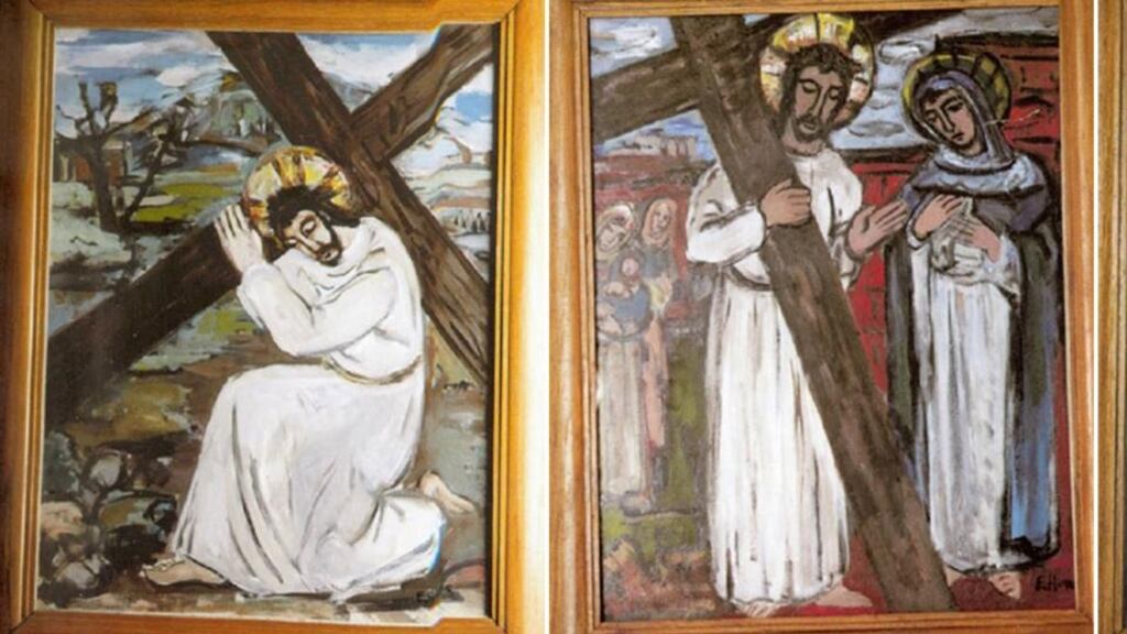 Some of the paintings commissioned by artist Evie Hone which were stolen from a church in Kiltullagh, Co Galway in 2013.  Photograph: Crimestoppers Ireland/PA Wire