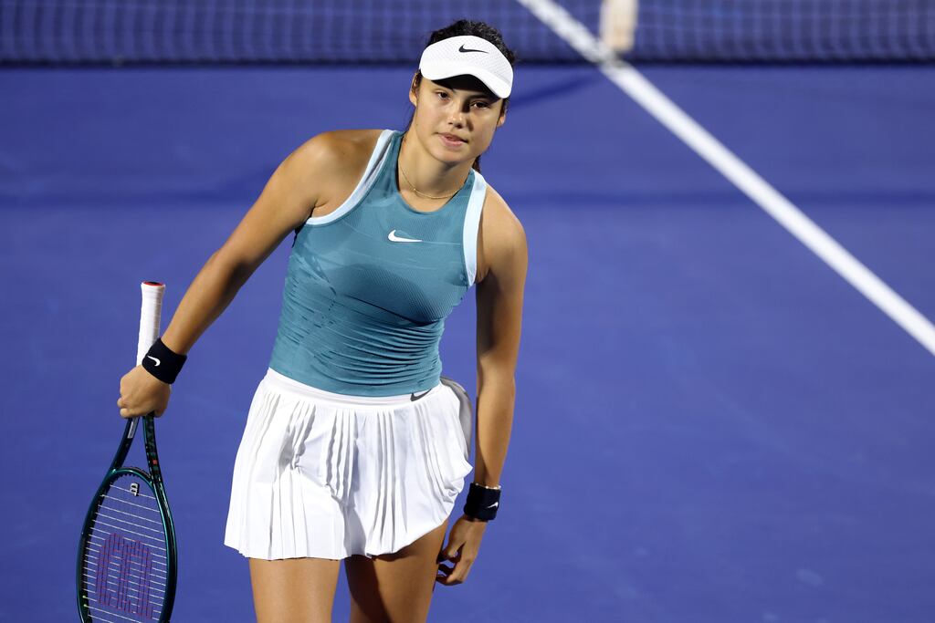 Emma Raducanu of Great Britain looks on while playing against Karolina Muchova of the Czech Republic in their second round match of the Dubai Duty Free Tennis Championships. Photograph: Christopher Pike/Getty Images