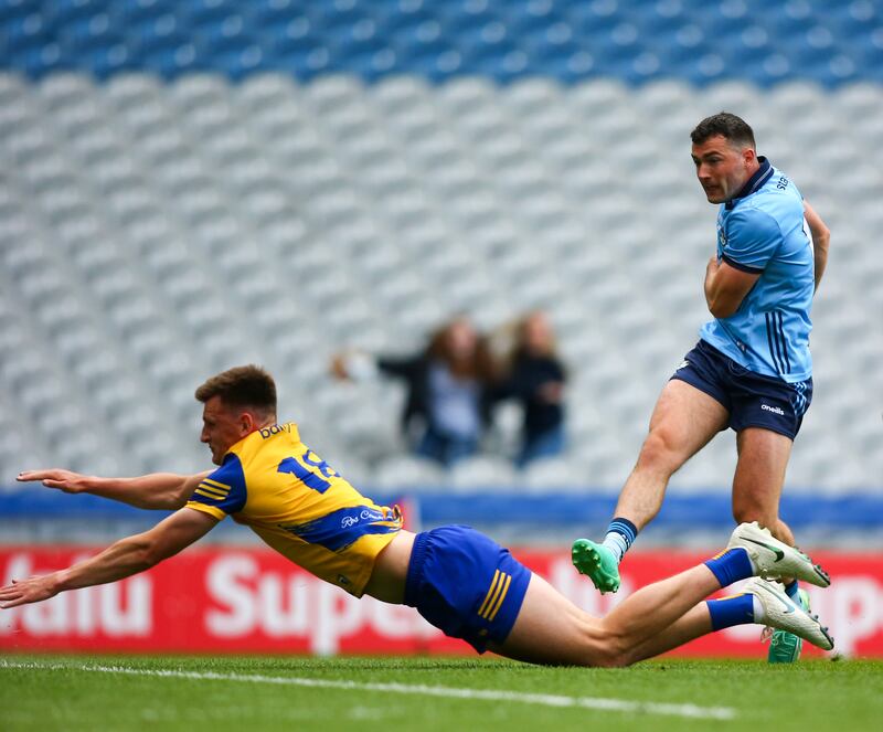 Dublin's Colm Basquel scores a goal against Roscommon. Photograph: Ken Sutton/Inpho