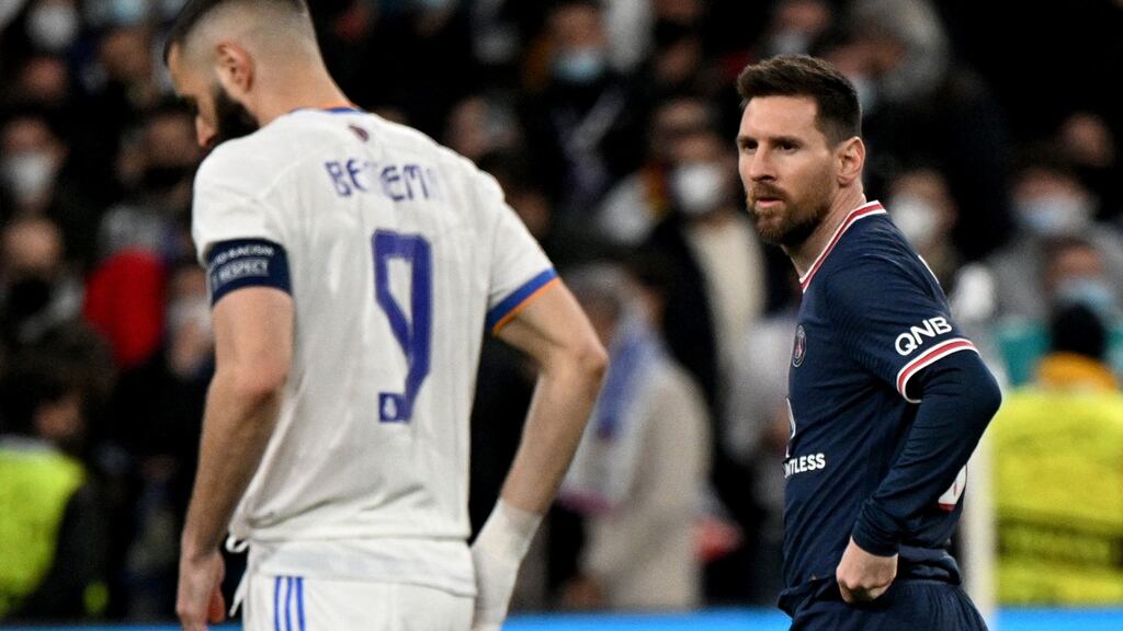 Real Madrid’s Karim Benzema and Paris Saint-Germain’s Lionel Messi at the Santiago Bernabeu stadium on March 9th. Photograph: Gabriel Bouys/AFP via Getty Images