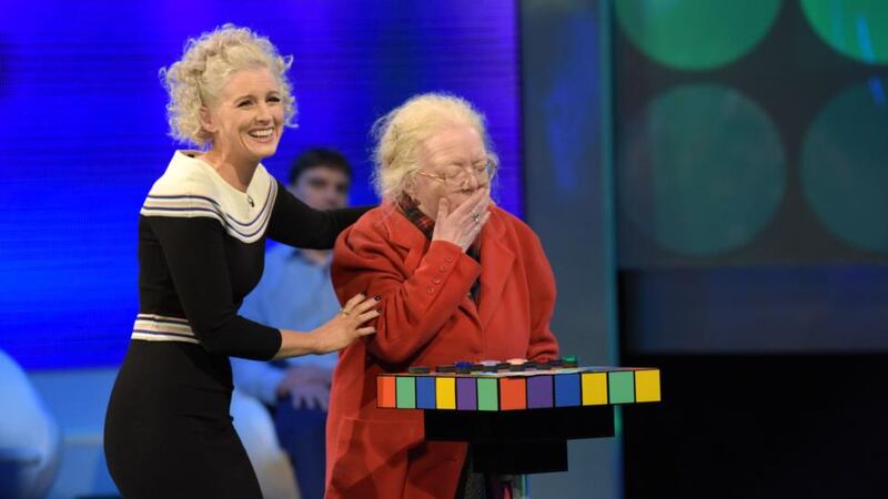 Winning Streak: presenter Sinead Kennedy with contestant Elizabeth O’Brien, who “nearly fell on the floor” when she heard her name being announced. Photograph: Bryan Meade