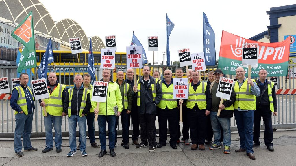 Dublin Bus workers on the picket line at Donnybrook bus depot Saturday. Photograph: Eric Luke / The Irish Times