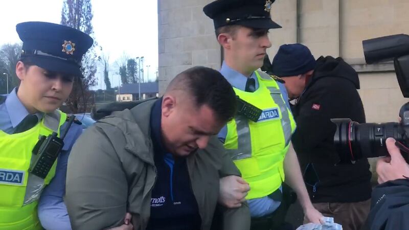 John McDonagh (26) arrives at Cavan District Court to face charges in connection to the alleged hijacking of a minibus from Dublin Airport. Photograph: Cate McCurry/PA Wire