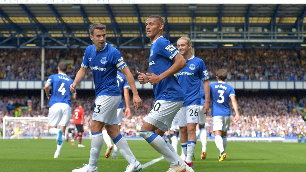 Richarlison with Seamus Coleman after the Brazilian doubled Everton’s lead at Goodison Park. Photograph: Peter Powell/Reuters
