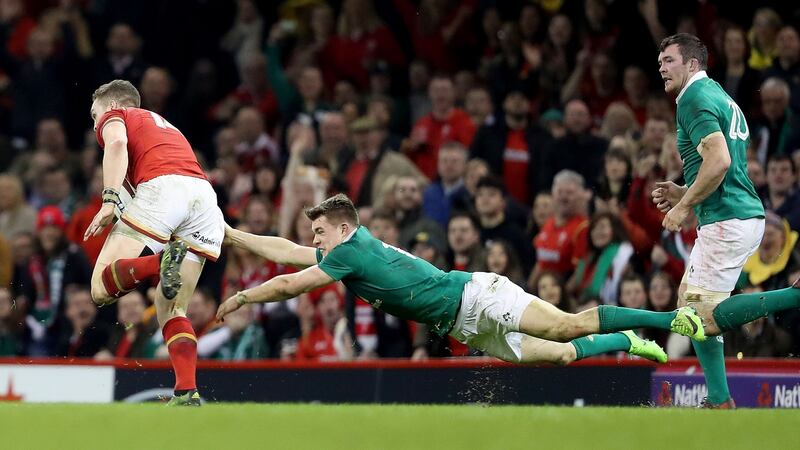 Ireland’s Garry Ringrose attempts to tackle George North of Wales in the Six Nations championship round 4 at Principality Stadium in Cardiff in March 2017. Photograph: Dan Sheridan