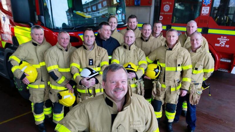 Firefighter Terry Dent with his C Watch colleagues: “Please never ever drink and drive. The devastation caused by a road traffic accident on families is not something that can ever be recovered from.” Photograph: Nick Bradshaw