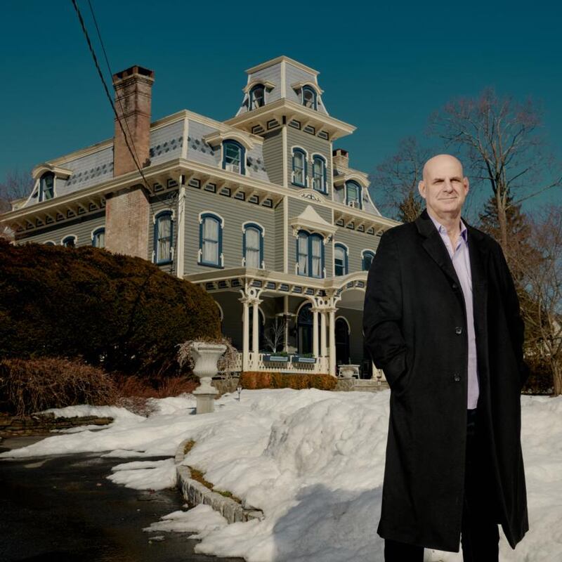 The Coben family’s grey and white home is accented with friendly touches of royal blue, but from the curb it still looks like it could be the set for a vintage horror movie. Photograph:Vincent Tullo/The New York Times