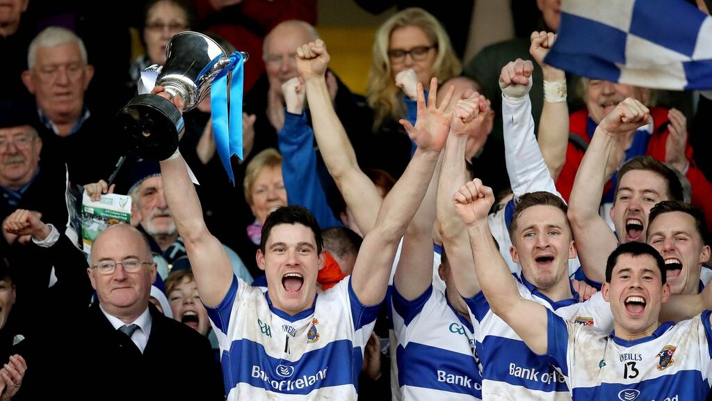 St Vincent’s captain Diarmuid Connolly lifts the trophy after the win over Rhode in the Leinster Senior Club Football Championship Final at O’Moore Park. Photograph: Ryan Byrne/Inpho
