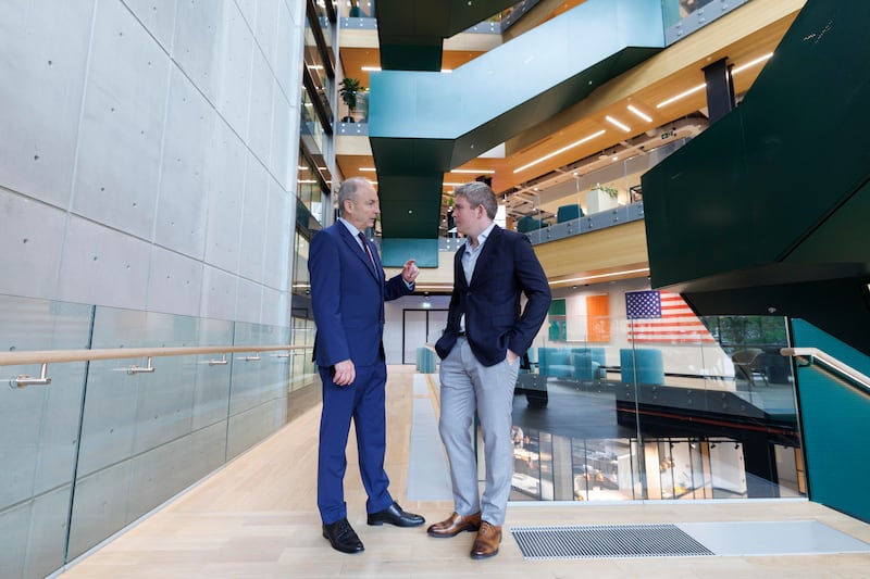 Taoiseach Micheál Martin with Stripe co-founder John Collison at the opening of Stripe's new Dublin Headquarters earlier this year. Photograph: Conor McCabe