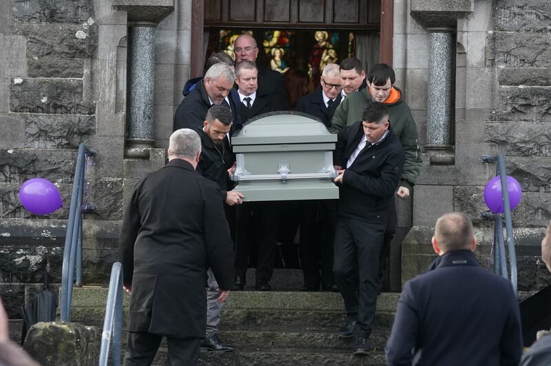 The coffin of Denise Morgan is carried out of the Church of the Assumption in Tullyallen. Photograph: Brian Lawless/PA Wire