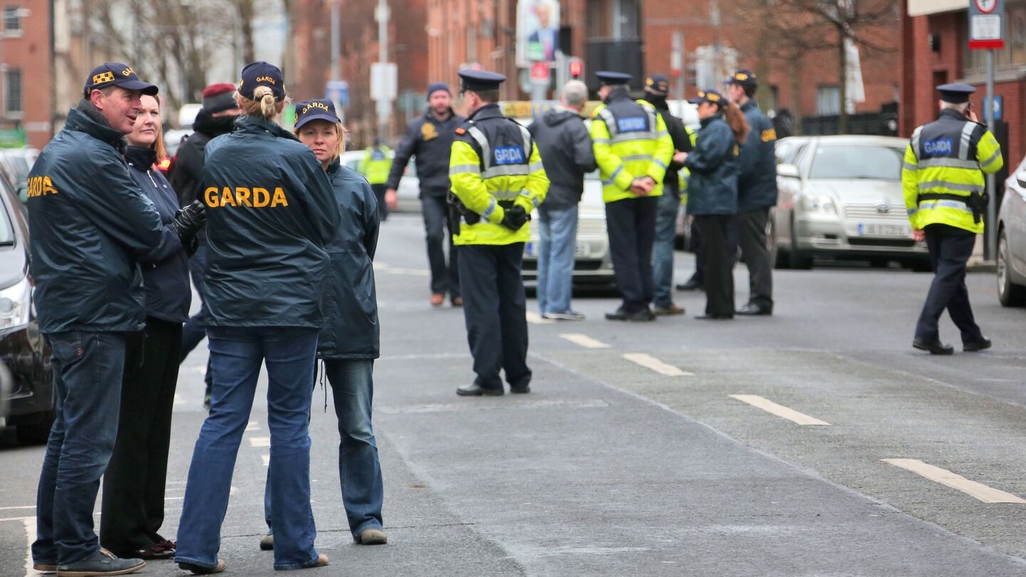 There was a heavy security presence at the funeral of Eddie Hutch at Our Lady of Lourdes Church, Sean McDermott Street, Dublin Photograph: Collins