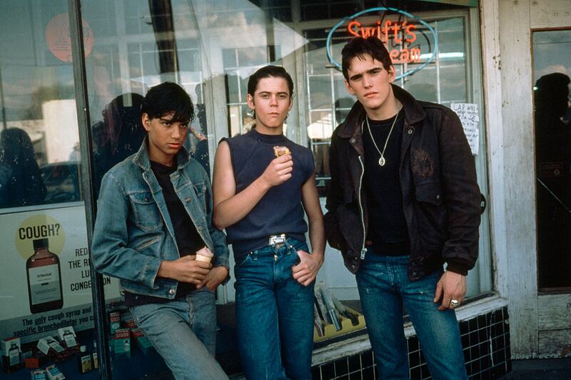 Ralph Macchio, C Thomas Howell and Matt Dillon on the set of The Outsiders, directed and produced by Francis Ford Coppola. Photograph: Nancy Moran/Sygma via Getty Images