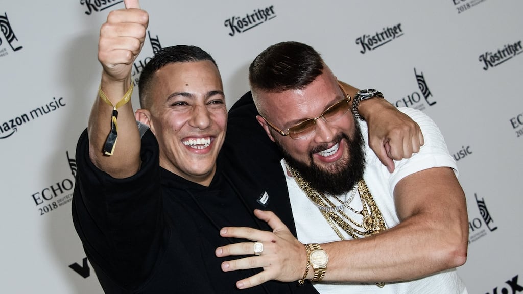 German musicians Farid Bang and Kollegah at the Echo music awards in Berlin. Photograph: Clemens Bilan/EPA