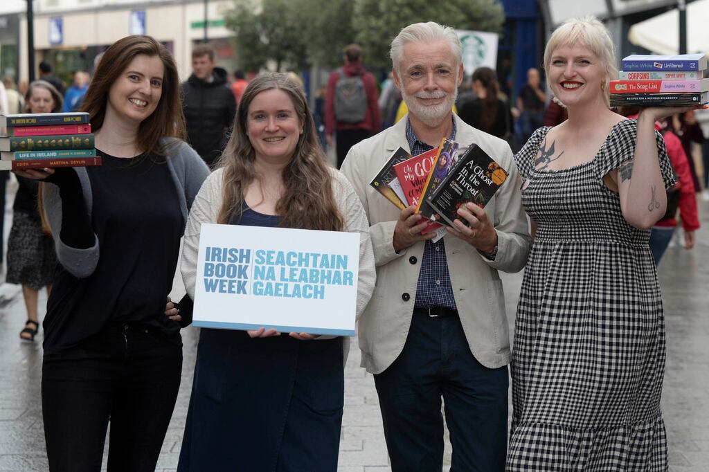 Ruth Hallinan, President of Publishing Ireland, Aoife Roantree, Chair of Bookselling Ireland and Irish Book Week Brand Ambassadors Eoin Colfer and Sophie White. Photograph: Justin Farrelly