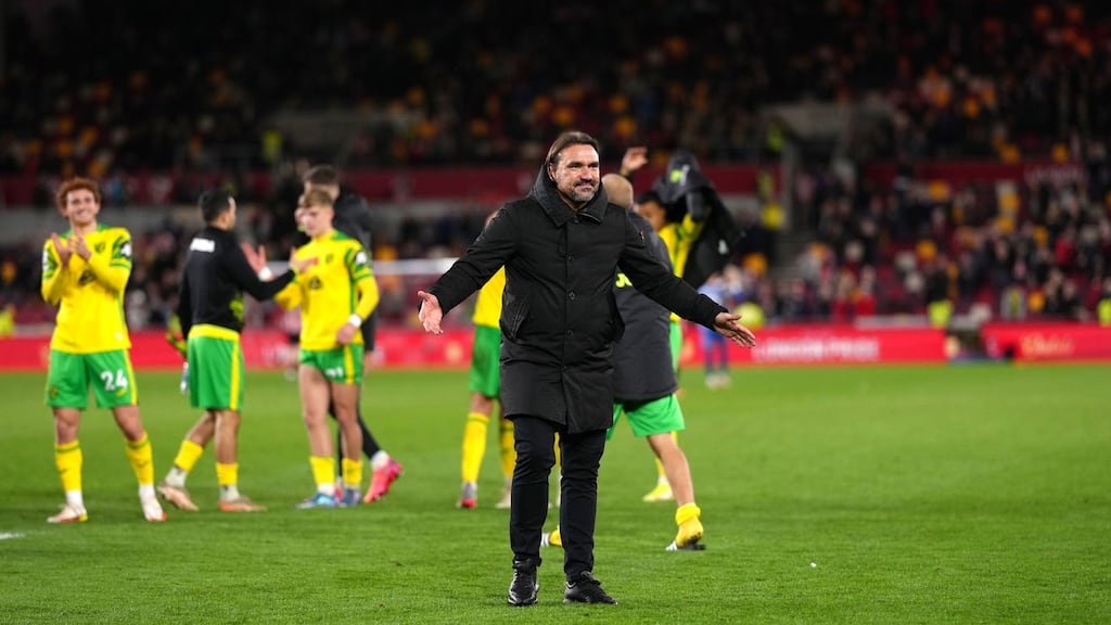 Norwich City manager Daniel Farke salutes the fans after the final whistle of the Premier League win over Brentford. Photo: John Walton/PA Wire