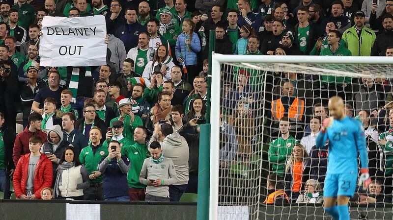 Fans protest during Ireland’s 1-0 win at the Aviva Stadium. Photograph: Catherine Ivill/Getty
