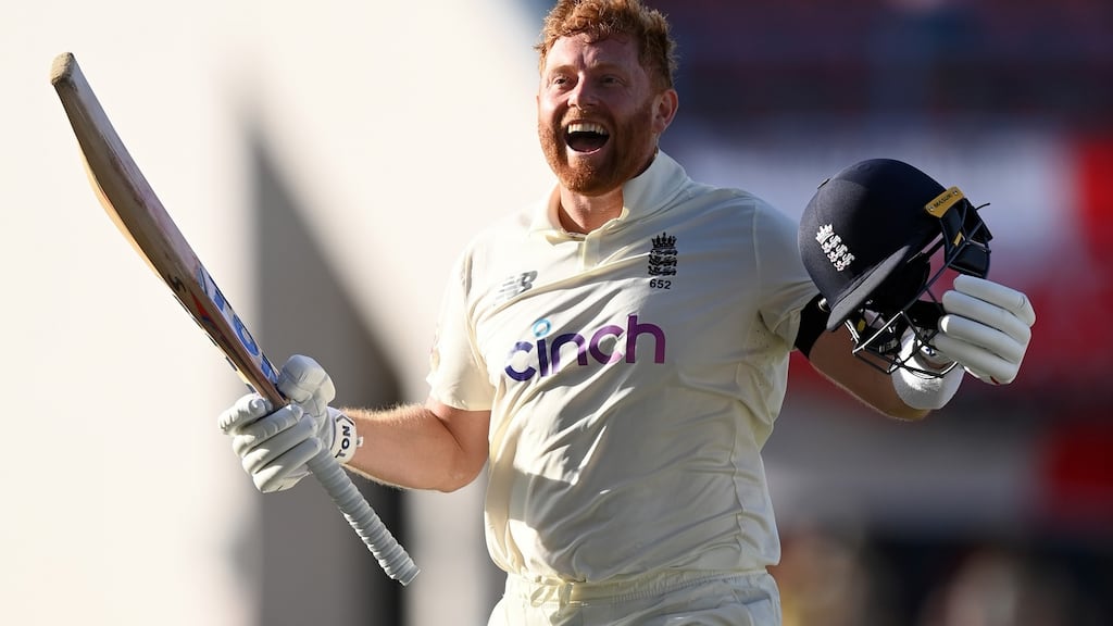 England’s Jonathan Bairstow celebrates reaching his century during day one of the first Test match against West Indies at Sir Vivian Richards Stadium in Antigua. Photograph: Gareth Copley/Getty Images