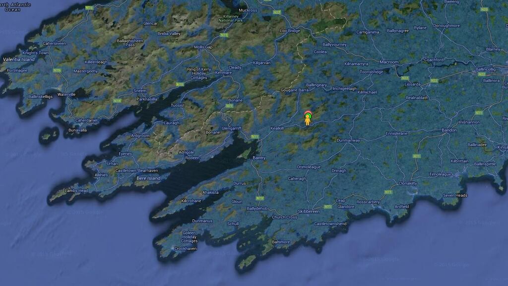 A biker from Buckinghamshire was travelling from Bantry in Co Cork towards Crookstown on the R585 Bantry Line when he crashed while descending from the Cousane Gap (marked above) at about 11am on Thursday. File photograph: Google Street View