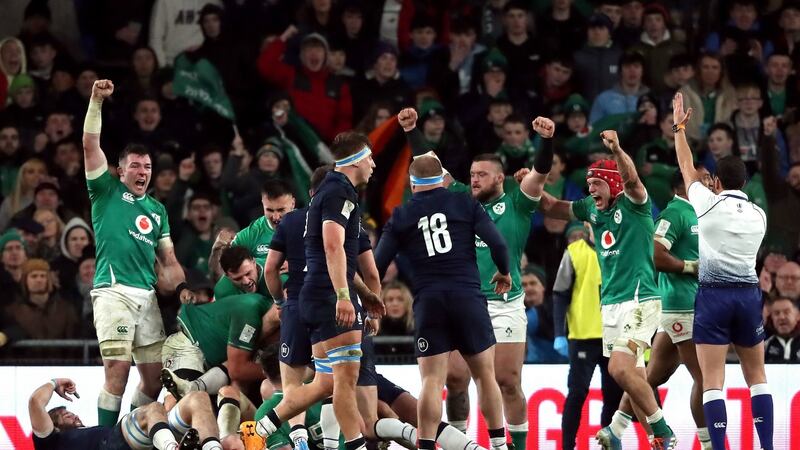 Ireland prevent Scotland from scoring a try in the final minutes. Photo: Niall Carson/PA Wire.