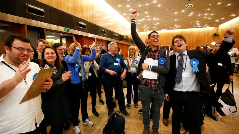 Supporters of the British Conservative Party react during the count at Wandsworth Town Hall on Friday. Photograph: Reuters