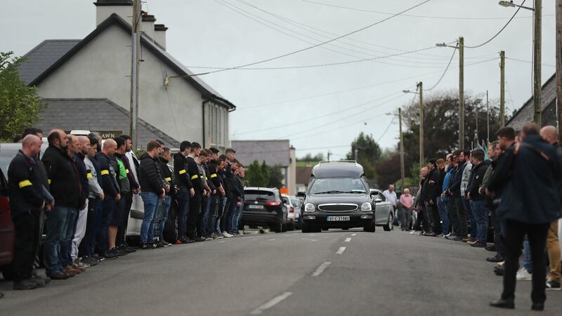 The coffins of Eileen and Jamie O’Sullivan leave St Michael’s Church in Lixnaw. Photograph: PA