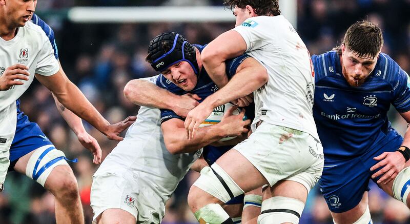 Leinster's James Culhane is tackled by Ulster's Andrew Warwick and David McCann at the Aviva Stadium. Photograph: Nick Elliott/Inpho