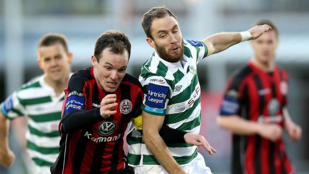 Derek Pender of Bohemians (left) with Sean O’Connor of Shamrock Rovers during last night’s Premier Division clash at Tallaght Stadium. photograph: Donall Farmer/Inpho
