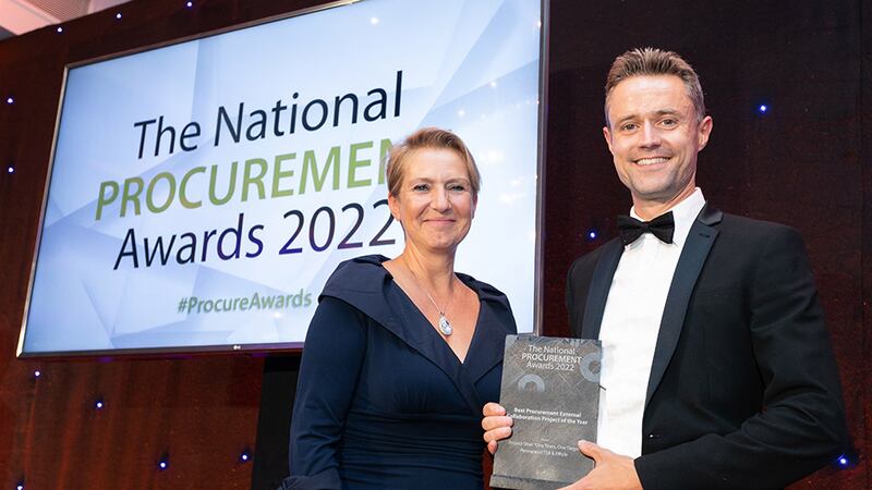 Ingrid De Doncker, Awards Judge, presents the Best Procurement External Collaboration Project of the Year award to Simon Whatson, Permanent TSB & Efficio.