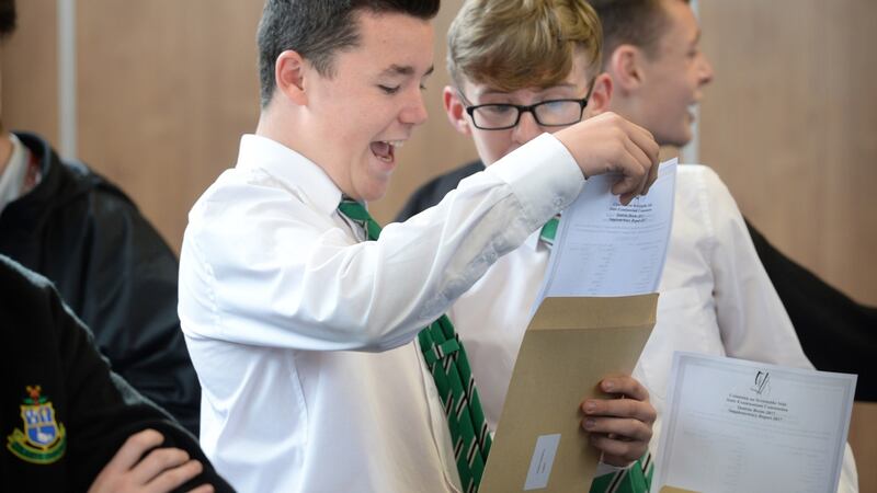 Sean Parnell and Dara Clancy receive their Junior Cert results at St Kevin’s College, Ballygall Road, Finglas, in Dublin. Photograph: Dara Mac Dónaill