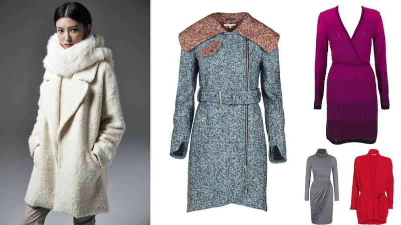 Clockwise from left: white stole (€61), cream jumper (€40), cream coat (€114), beige polyurethane trousers (€47), all at River Island; wool coat, €720 by Carven at Brown Thomas; purple knit wrap dress, €430 by Missoni from Anastasia, Ranelagh (Anastasia.ie); red belted cardigan, €80 at Bow & Pearl, Ranelagh (bowandpearl.ie); jersey polo neck dress, €179 by Fran and Jane (franandjane.com)