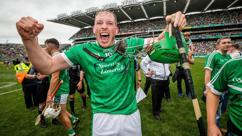 Shane Dowling celebrates Limerick’s 2019 All-Ireland final win over Galway. Photograph: Ryan Byrne/Inpho
