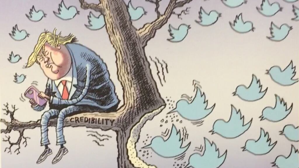 Detail of a cartoon by Rob Rogers, who was sacked after 25 years on the Pittsburgh Post-Gazette because his cartoons were regarded by his employers as targeting Trump disproportionately and as too critical of him