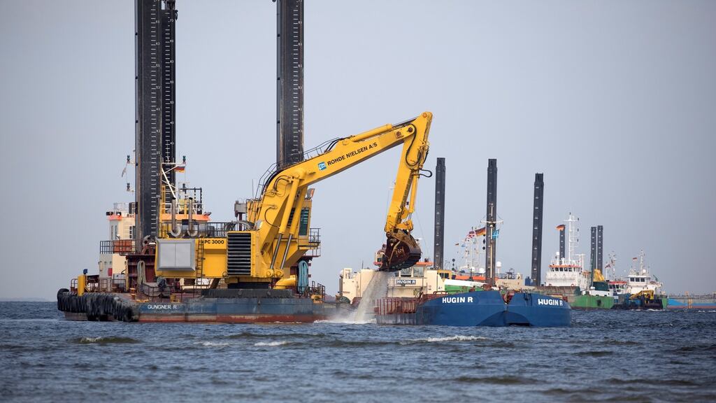 Floating excavators prepare an underwater trench for Nord Stream 2, close to Lubmin, Germany, in 2018. Photograph: Reuters/Axel Schmidt